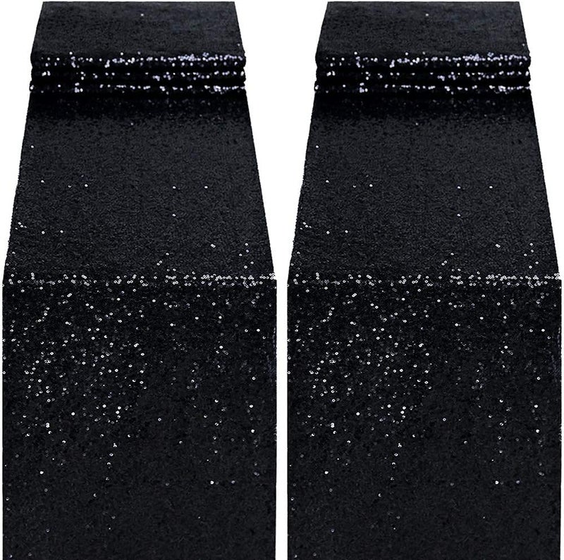 yuboo Black Sequin Table Runner, 2 Pack Glitter 12''x108'' Table Cloth for Black and Gold Decorations, Birthday, Wedding, Goth Party Decorations - Image 2